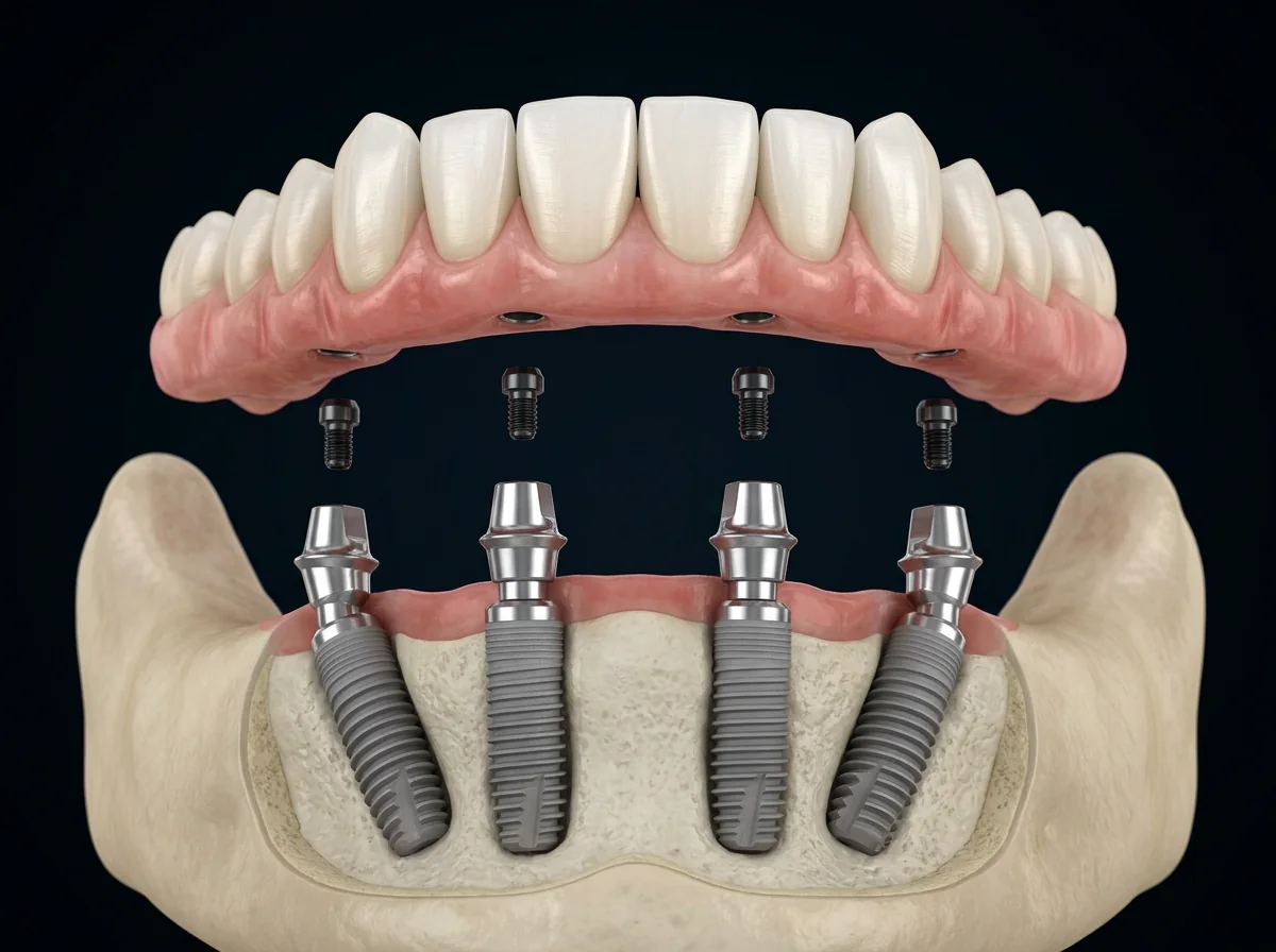 Ilustração de prótese fixa de arcada inteira sendo posicionada sobre quatro implantes instalados na mandíbula