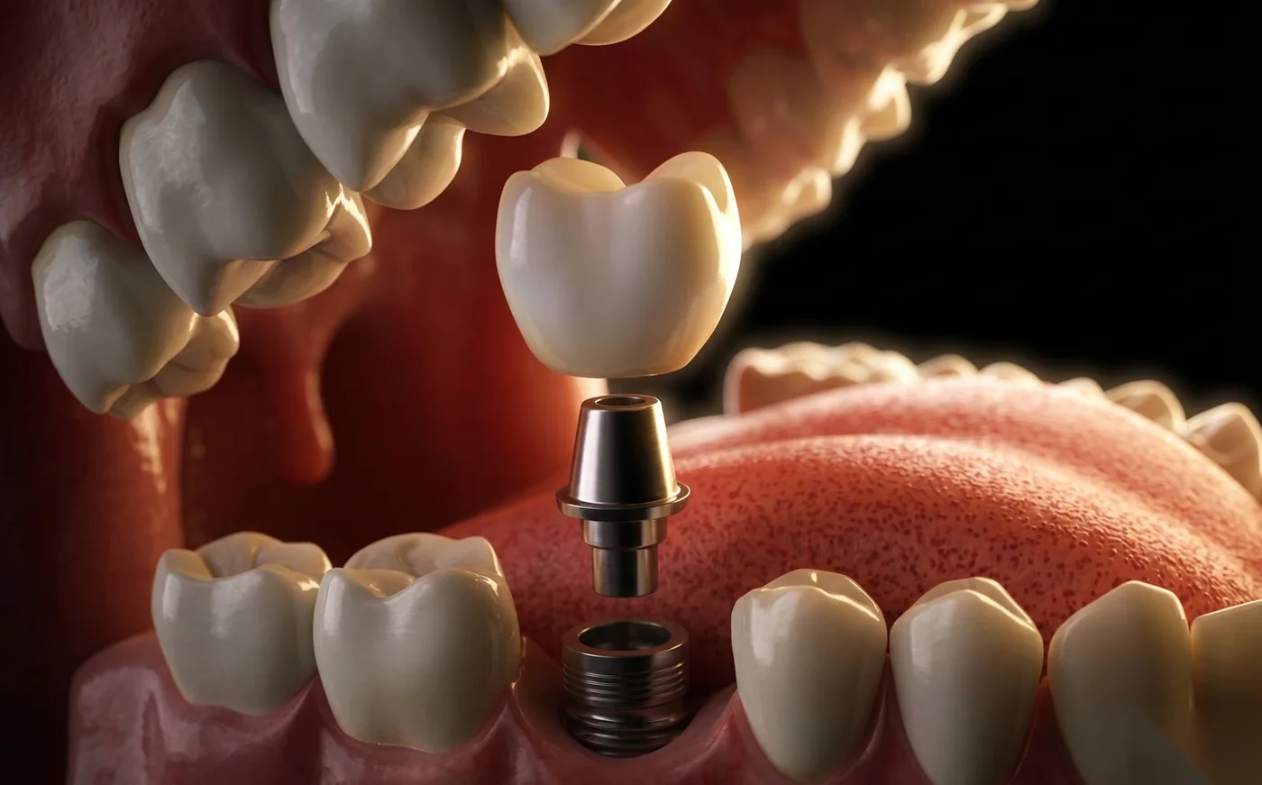 Ilustração de um implante dentário unitário: o pino de titânio no osso, o pilar e a coroa cerâmica posicionada sobre ele