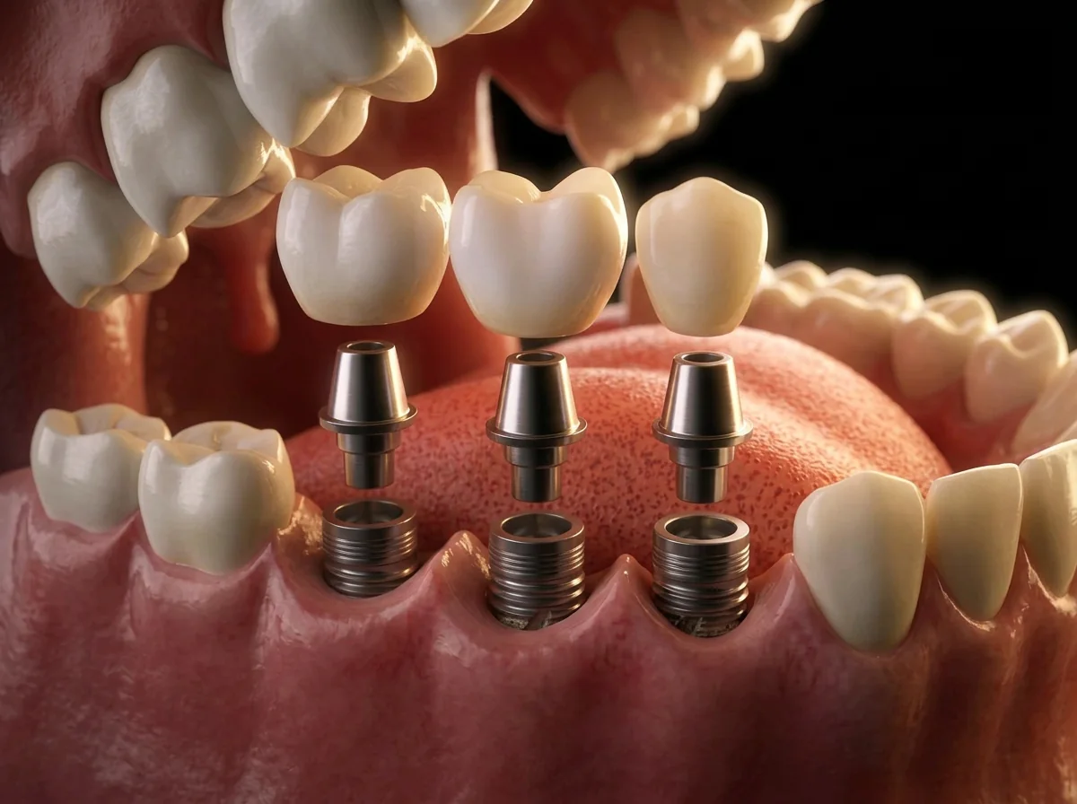 Ilustração de três implantes dentários lado a lado, com os pinos de titânio, os pilares e as coroas cerâmicas posicionadas acima