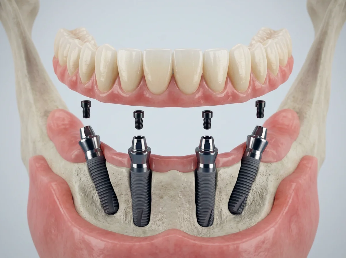 Ilustração de prótese fixa parafusada de arcada inteira sobre implantes instalados na mandíbula